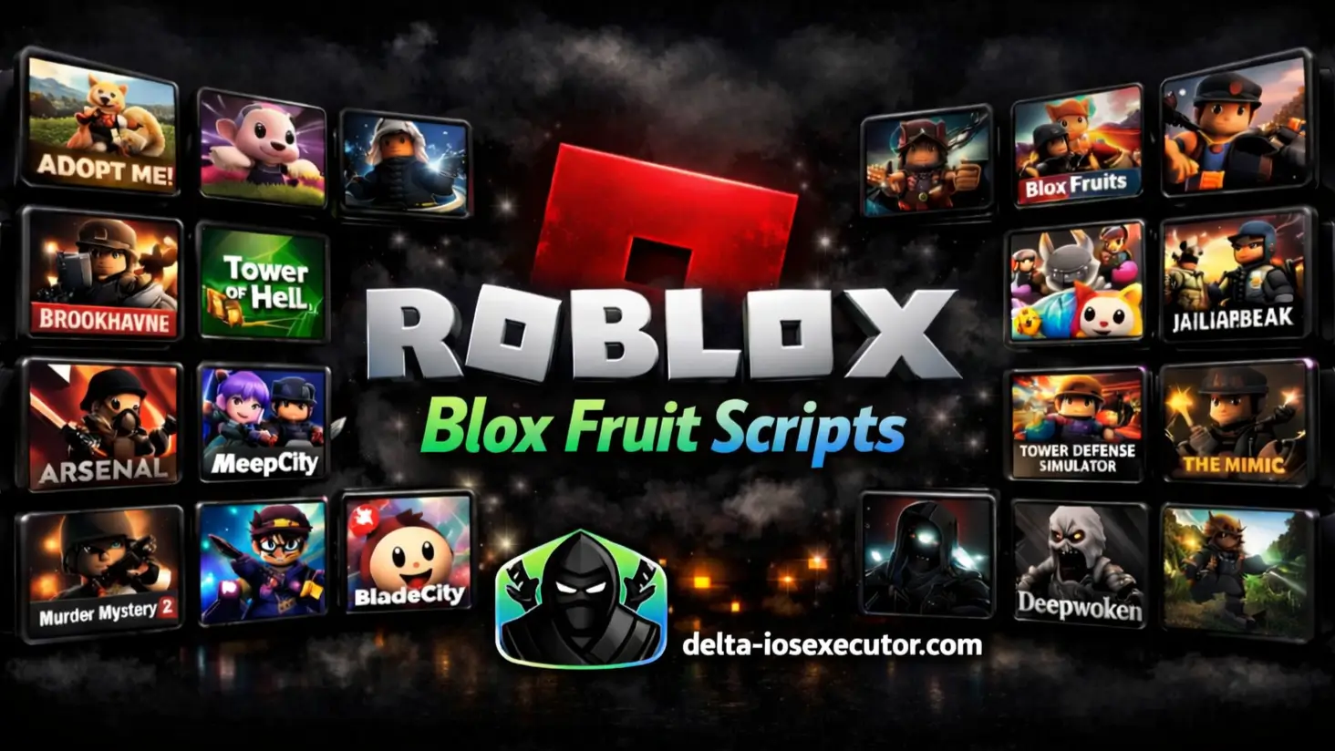 Blox Fruits Scripts banner - Roblox game icons collage with Delta Executor