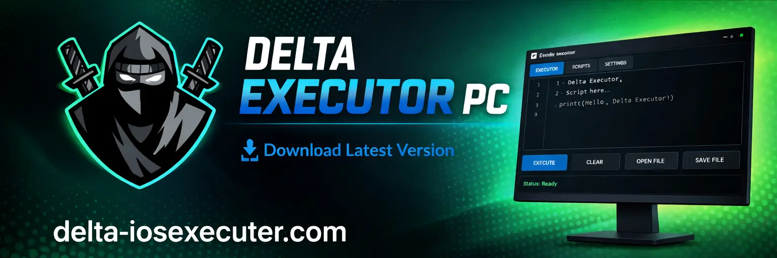 Delta Executor PC download banner showing ninja shield logo and desktop executor interface